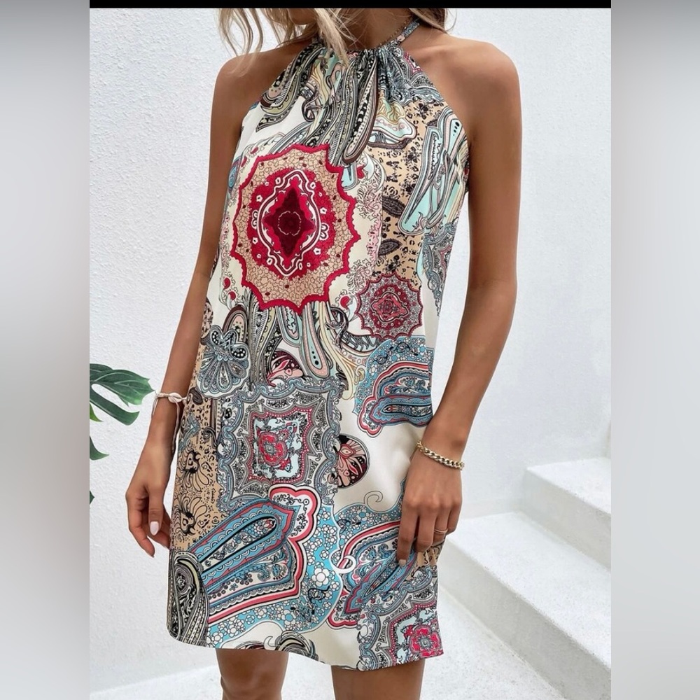 NWOT SHEIN boho paisley print keyhole back sheath dress size L.